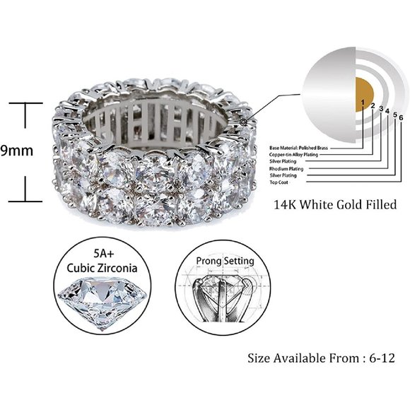 14K Silver / Gold Plated Iced Out Lab Diamond 9mm 2Rows Round Cut  Band … - Picture 10 of 13